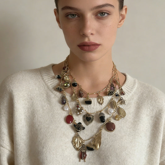 Vintage-Inspired Layered Pendant Necklace Featuring Unique Insect, Leaf, Heart, and Geometric Designs - Perfect for Adding a Touch of Bohemian Charm to Any Outfit