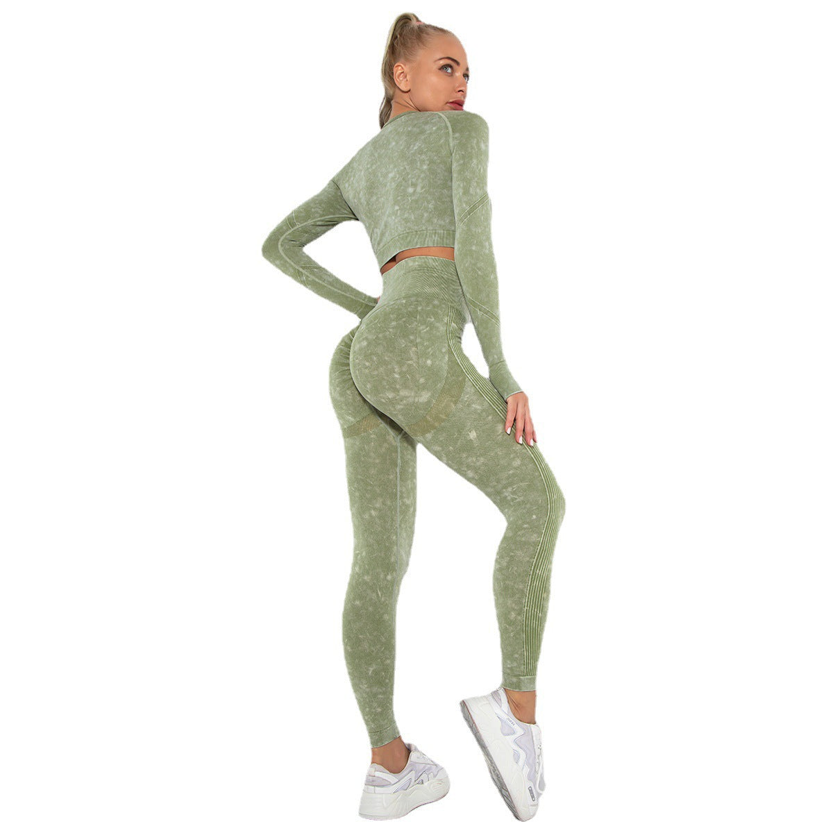 Seamless Water Washed Textured Yoga Set High Waisted Leggings and Long Sleeve Top for Comfort and Performance in Your Workouts