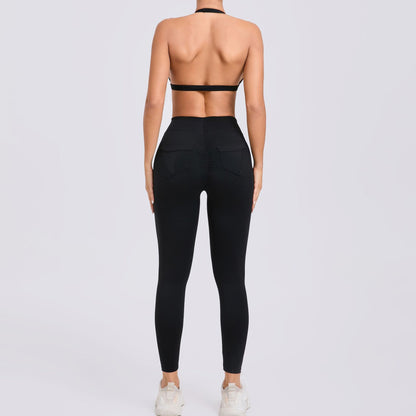 Fitness Enhanced Gym Set Sports Bra and High Waisted Yoga Pants with Butt Lifting Pockets and Elegant Waist Ruching for Comfort and Performance