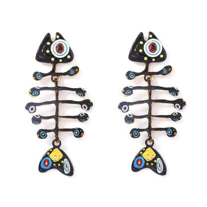 Stylish and Trendy Beach-Inspired Alloy Fishbone Earrings with Unique Oceanic Print for Women - Exaggerated Black Fishbone Design for a Distinctive Look