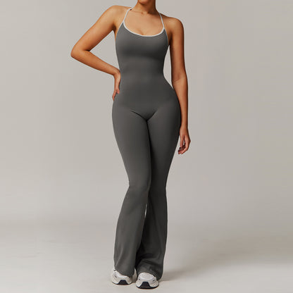 Cross Back Yoga Bodysuit with Ruched Details Flared Sports Romper for Running Fitness Model 3013 for Comfort Style Performance