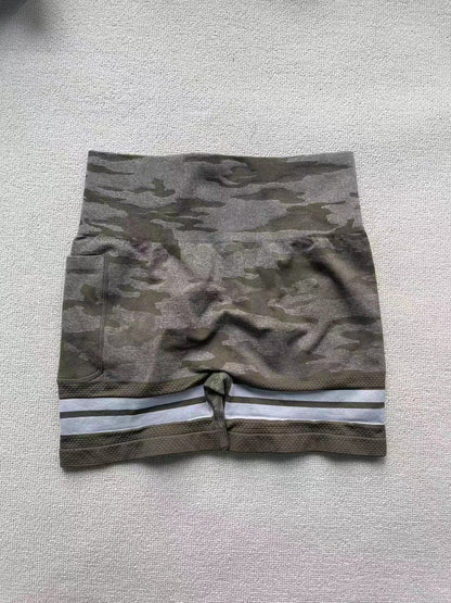 High Waisted Seamless Camouflage Yoga Shorts for Women Quick Dry Tummy Control Features Pockets for Gym Outdoor Activities