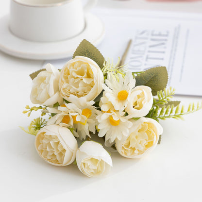 Stunning Artificial Floral Arrangement with Dried Peonies and Charming Little Daisies - Perfect Home Decor for Hotels and Living Spaces