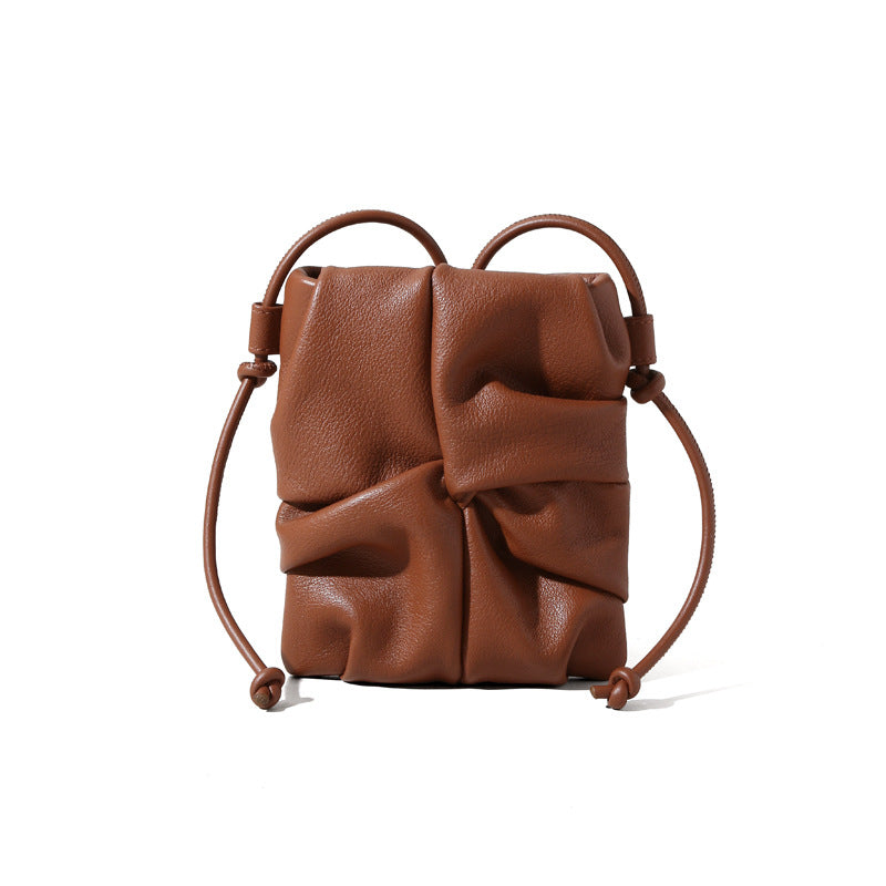 Elegant Spring Summer Genuine Leather Wrinkled Crossbody Bag for Women Unique Mini Design Minimalist Grain Cowhide Shoulder Bag