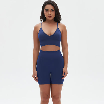 Seamless Low V Neck Bralette with Thin Straps and High Waisted Short Yoga Set for Fitness and Active Lifestyle