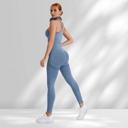 Seamless Yoga Outfit Set with Stunning Back Design High Waisted Butt Lifting Sports Leggings Supportive Workout Bra for Comfort and Style