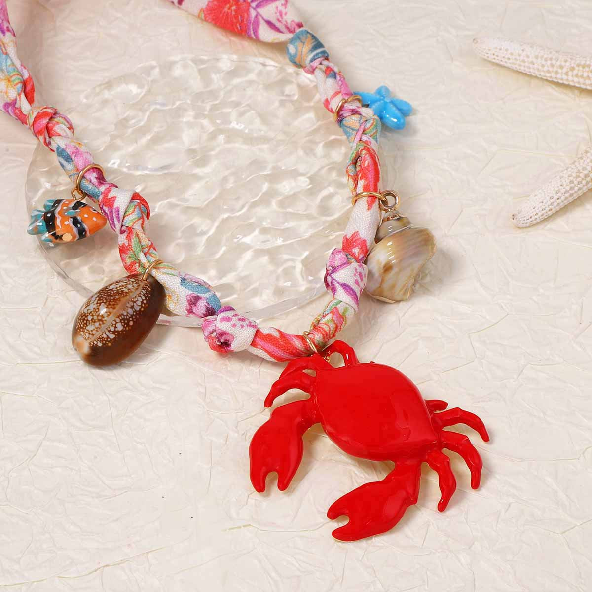 Charming Ocean-Inspired Alloy Drip Oil Crab and Conch Pendant Necklace with Colorful Braided Rope - Perfect for Casual Beach Vacation Style