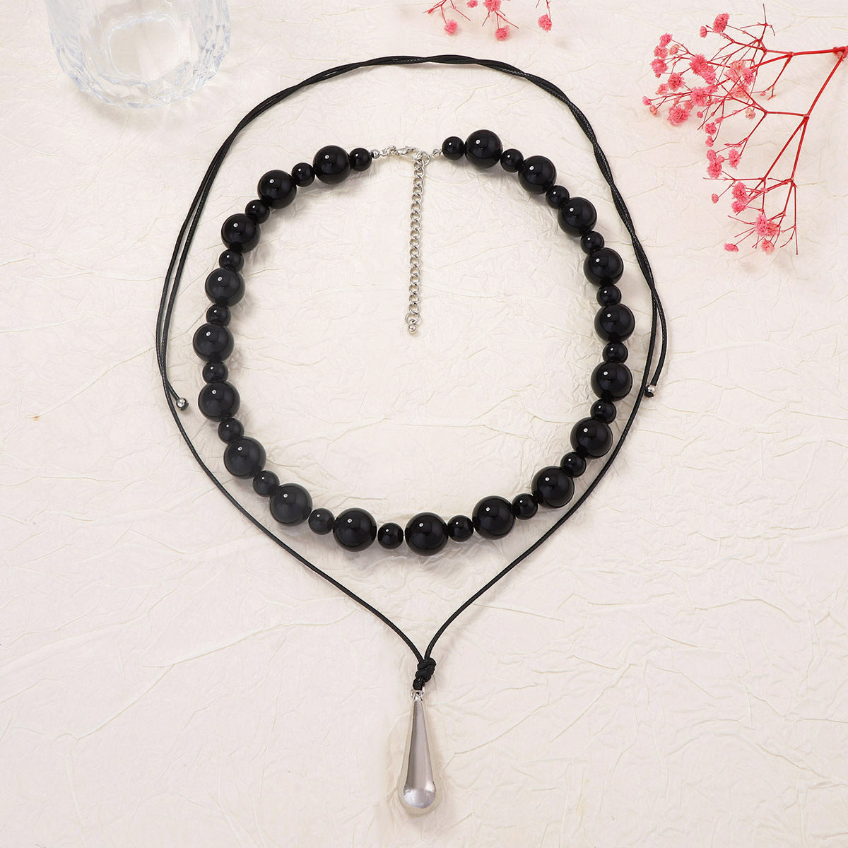 Trendy Geometric Beaded Layered Leather Necklace with CCB Water Drop Pendant - Stylish Casual Jewelry for Women