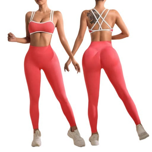 Two Piece Women's Yoga Set for Outdoor Fitness High Waisted Leggings and Supportive Sports Bra for Peach