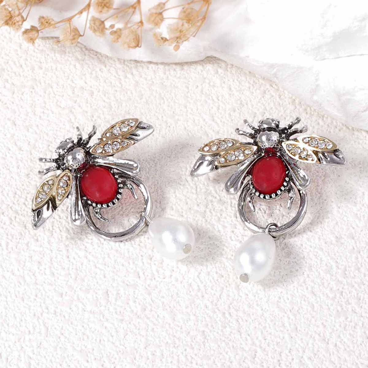 Stylish Vintage-Inspired Insect Water Drop Faux Pearl & Micro Pave Zircon Animal Earrings – Exquisite High-End Design for Women