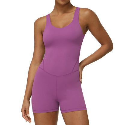 High Performance Wide Strap V Neck One Piece Jumpsuit for Yoga Waist Shaping Design Butt Lifting Fit and Built in Chest Padding