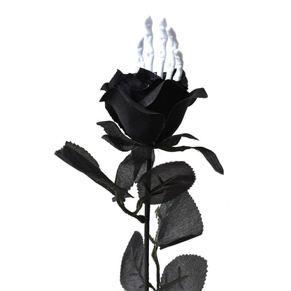 Lifelike Black and Red Rose - Single Halloween Skeleton Hand Fake Flower Party Decoration and Photography Prop