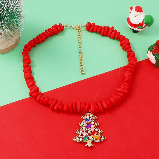 Elegant Minimalist Alloy Christmas Tree Pendant Necklace with Pearl Beads and Rhinestones - Unique Holiday Jewelry Gift