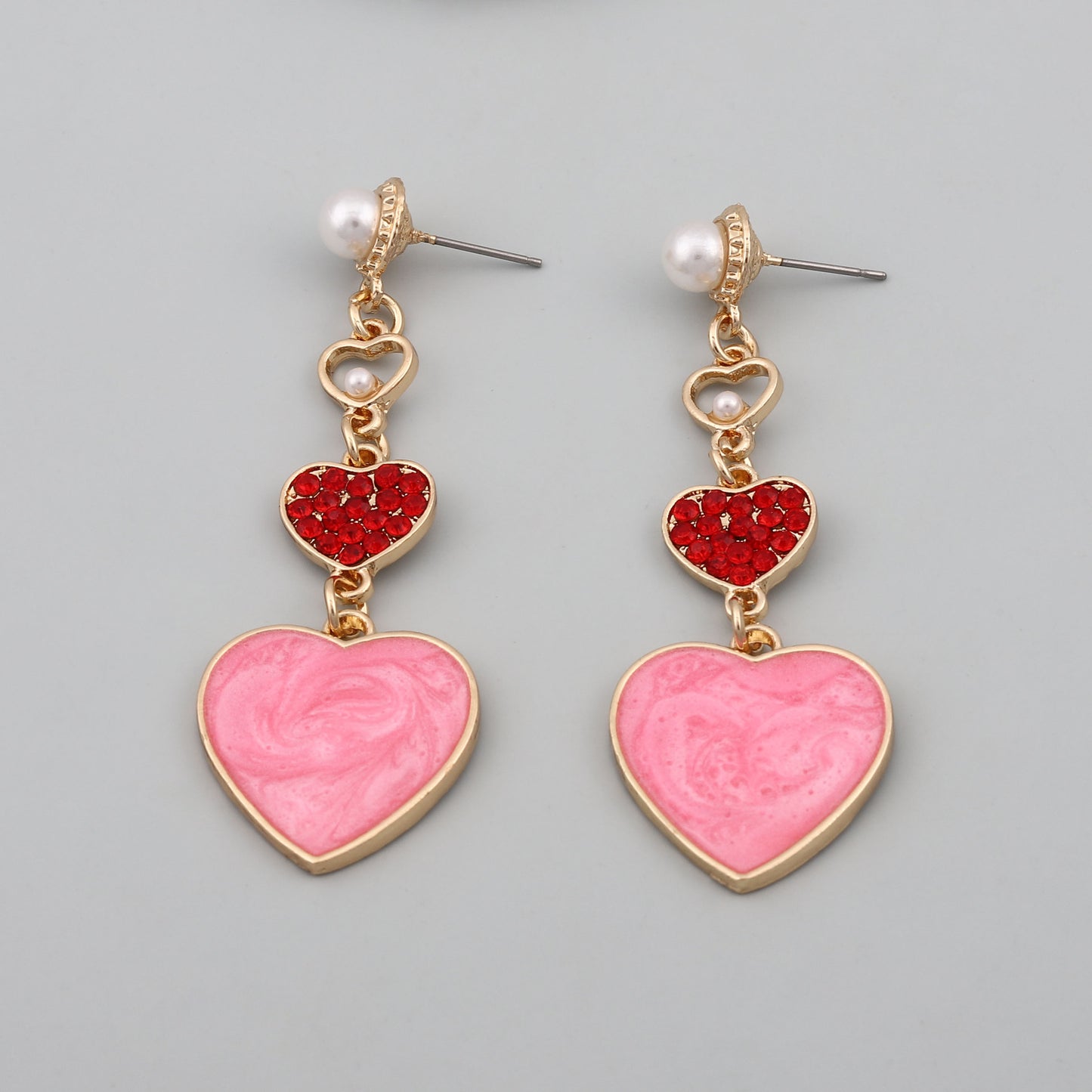 Stylish Creative Heart-Shaped Oil Drop Earrings with Colorful Rhinestones and Pearl Drops - Unique Alloy Design for Trendy Fashion Lovers