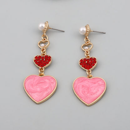 Stylish Creative Heart-Shaped Oil Drop Earrings with Colorful Rhinestones and Pearl Drops - Unique Alloy Design for Trendy Fashion Lovers