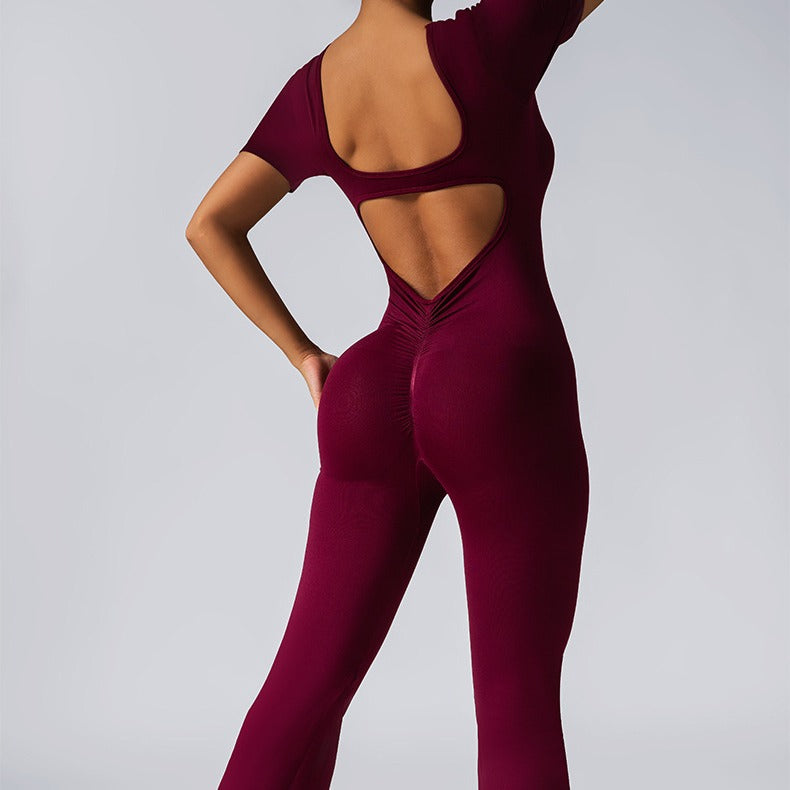 Seamless Yoga Jumpsuit with Bell Bottom Pants for Women 4 Colors V Back Design for Fitness and Workouts