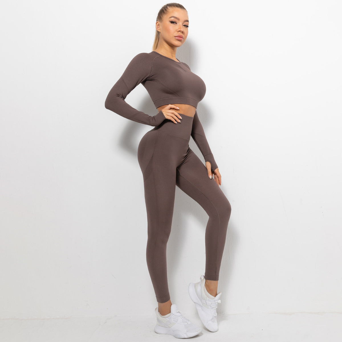 High Waisted Seamless Women's Workout Set with Ruching Peach Style Long Sleeve Yoga Top and Leggings for Comfort and Flexibility