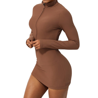 Women's Ribbed Half Zip Long Sleeve Jumpsuit and Slim Fit Polo Collar Mini Dress for Casual Sportswear Everyday Chic