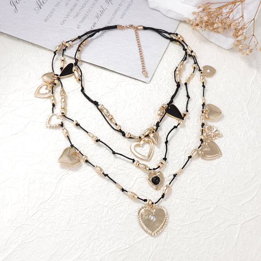 Chic Vintage Multi-Layered Alloy Heart Pendant Necklace - Oversized and Stylish for Elevated Women's Fashion