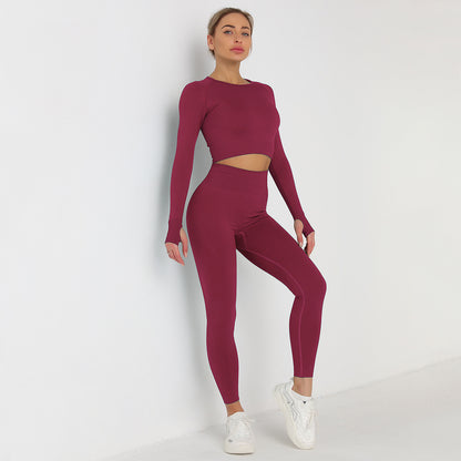 Seamless Solid Color Knit Long Sleeve Yoga Set with Full Length Pants Activewear for Fitness Gym and Outdoor Activities