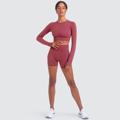 Seamless Knit Solid Color Long Sleeve Crop Top and Capri Leggings Set Women s Athleisure Outfit for Running Gym Workouts and Yoga