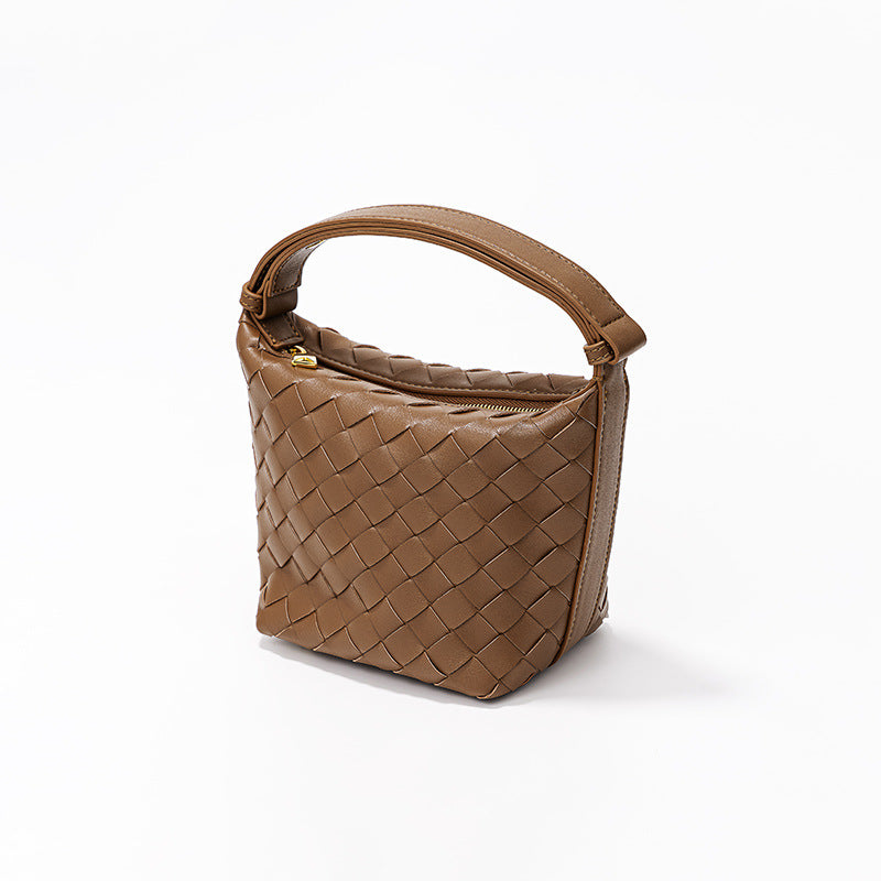 Chic Woven Lunch Box Bag Unique Silver Bucket Bag with Spacious Capacity Genuine Leather Tote for Women