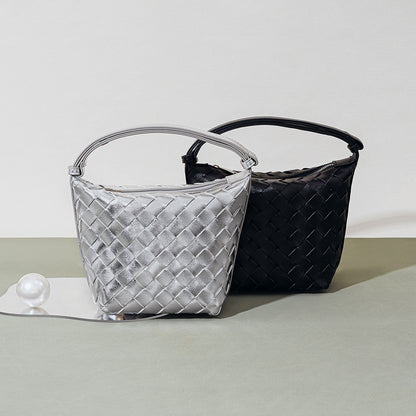 Chic Woven Lunch Box Bag Unique Silver Bucket Bag with Spacious Capacity Genuine Leather Tote for Women