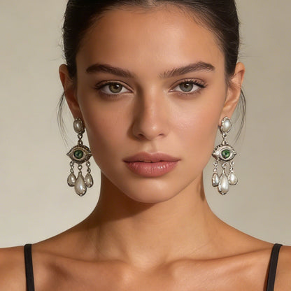 Stunning Vintage Devil's Eye Earrings with Rhinestone and Faux Pearl Accents - Exquisite Court-Style Tassel Design for Elegant Fashion