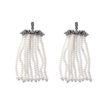 Creative and Exaggerated Geometric Pearl-Style Tassel Earrings for Women - Glamorous Zirconia Accents and Unique Design