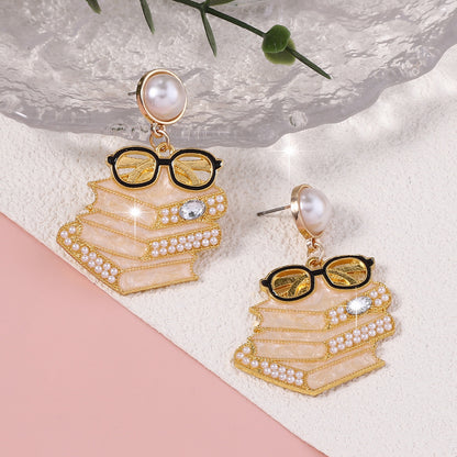 Chic and Unique Rhinestone-Studded Cute Pearl Drop Earrings for Readers - Adorable Eyeglass-Inspired Design Perfect for Stylish Statement Looks