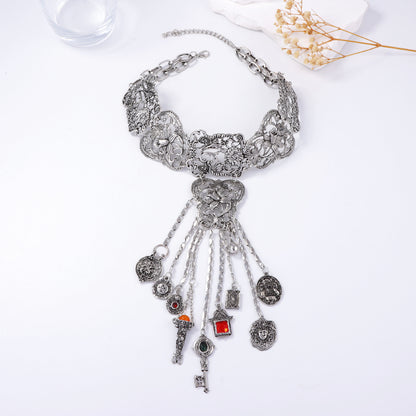 Bohemian Vintage-Inspired Antique Silver Alloy Statement Necklace with Geometric Tassels - Unique Tribal Design for Women