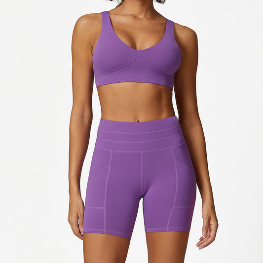 High Support Seamless Yoga Sports Bra with Adjustable Closure and Dual Pocket High Waisted Butt Lifting Shorts Set for Active Lifestyles