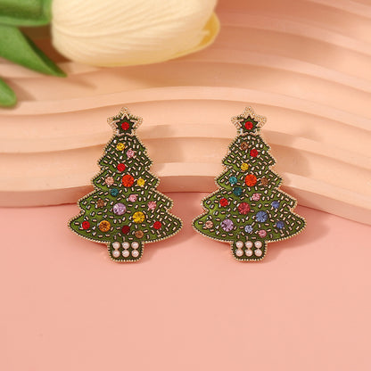 Elegant  Christmas-Themed Creative Alloy Oil-Drop Christmas Tree Earrings with Rhinestones & Pearls for Women - Perfect Holiday Accessory!