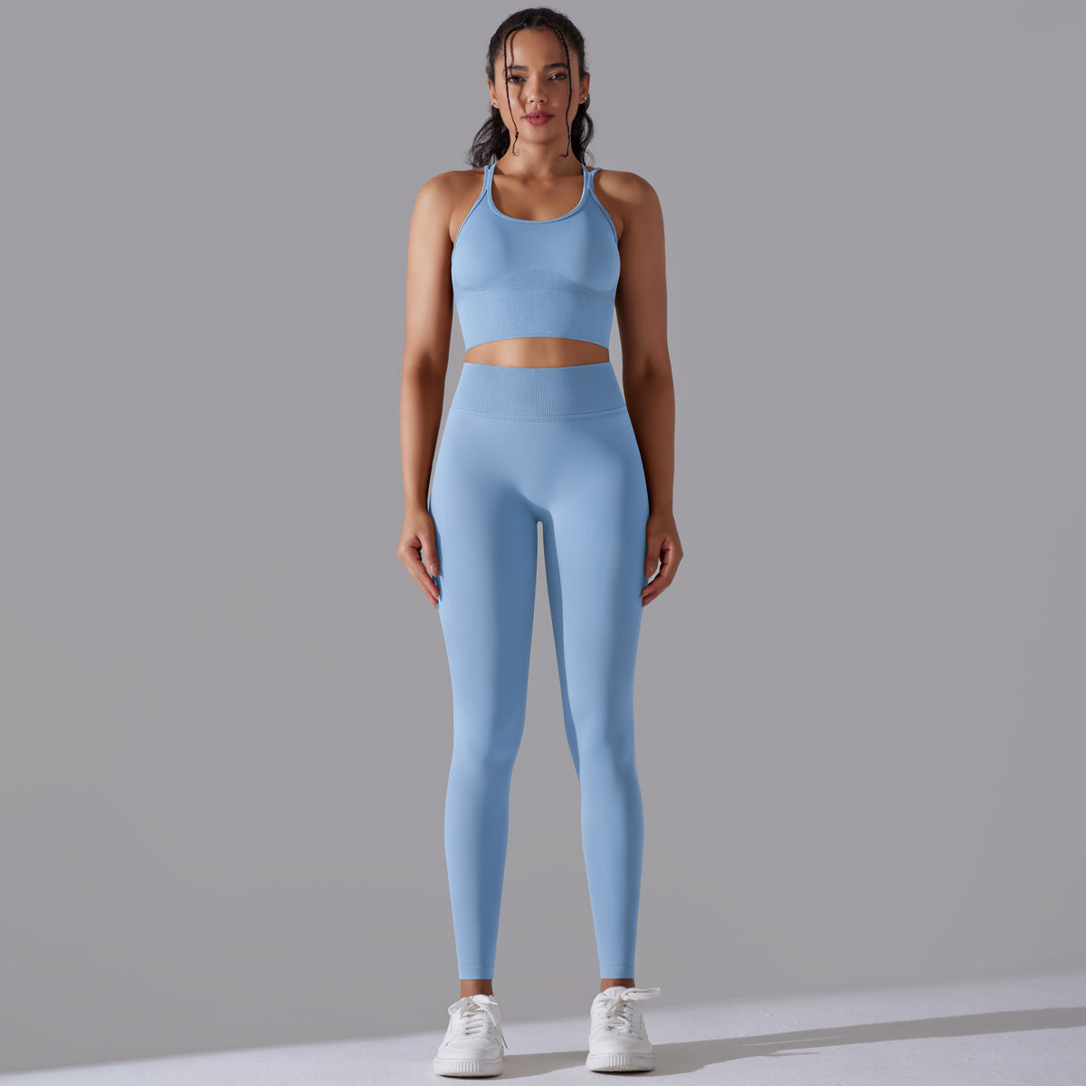 Seamless Knit Solid Color High Waisted Yoga Set Two Piece Workout Outfit for Running and Fitness