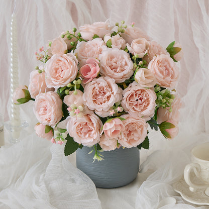 Stunning 5-Head Persian Peony & Rose Bouquet - Soft Silk Artificial Flowers for Home Décor and Living Room Aesthetics