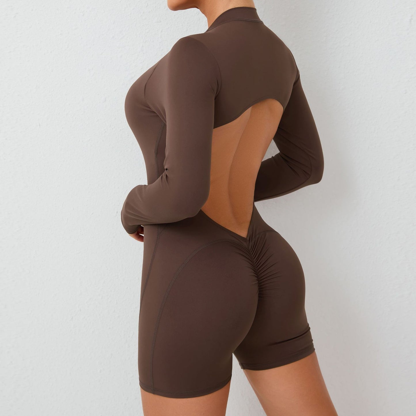 All in One Zippered Long Sleeve Bodysuit with Hollowed Back Design Activewear for Yoga and Fitness