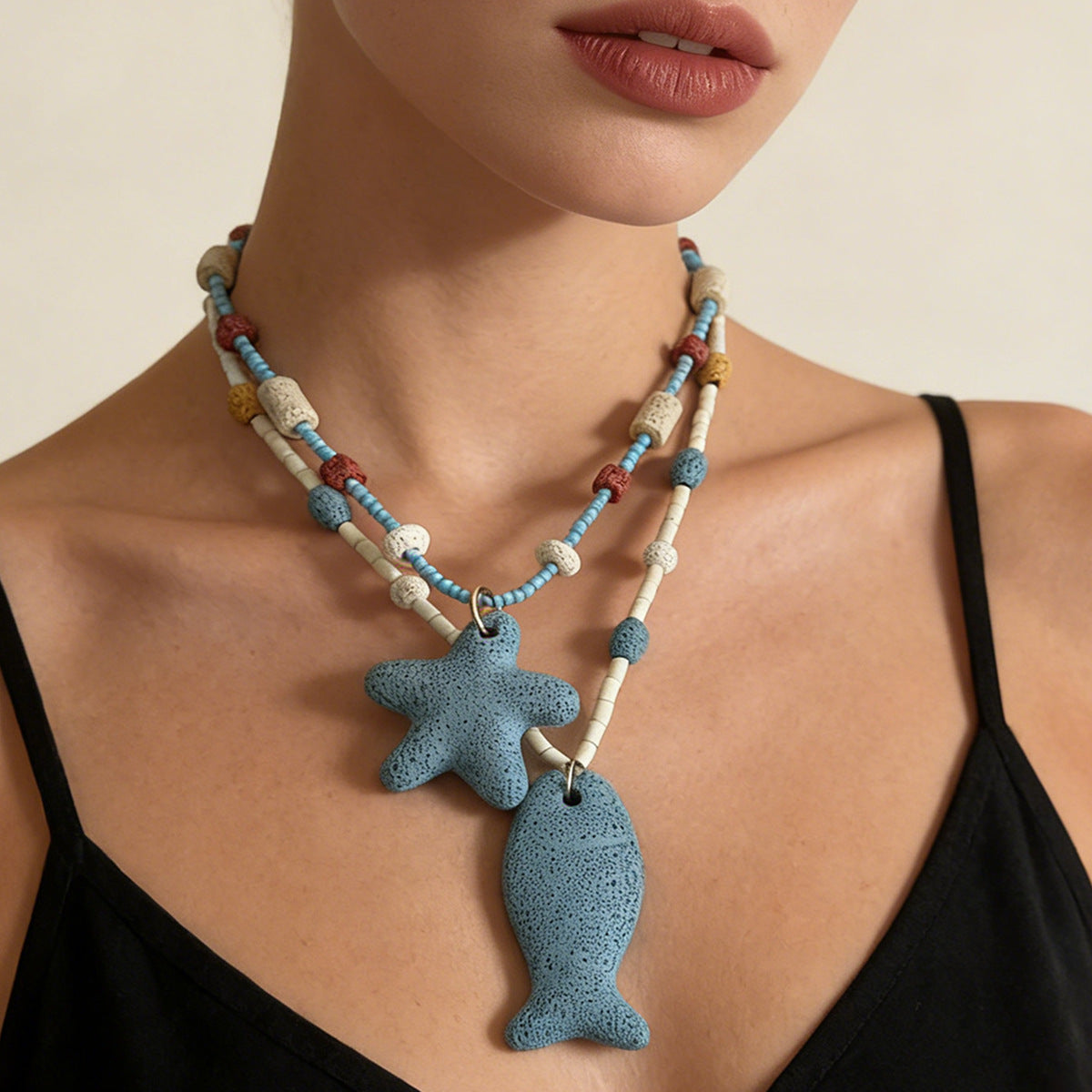Stylish Summer Beach-Inspired 3D Volcanic Stone Starfish and Fish Beaded Necklace for Women – Perfect Accessory for Vacations