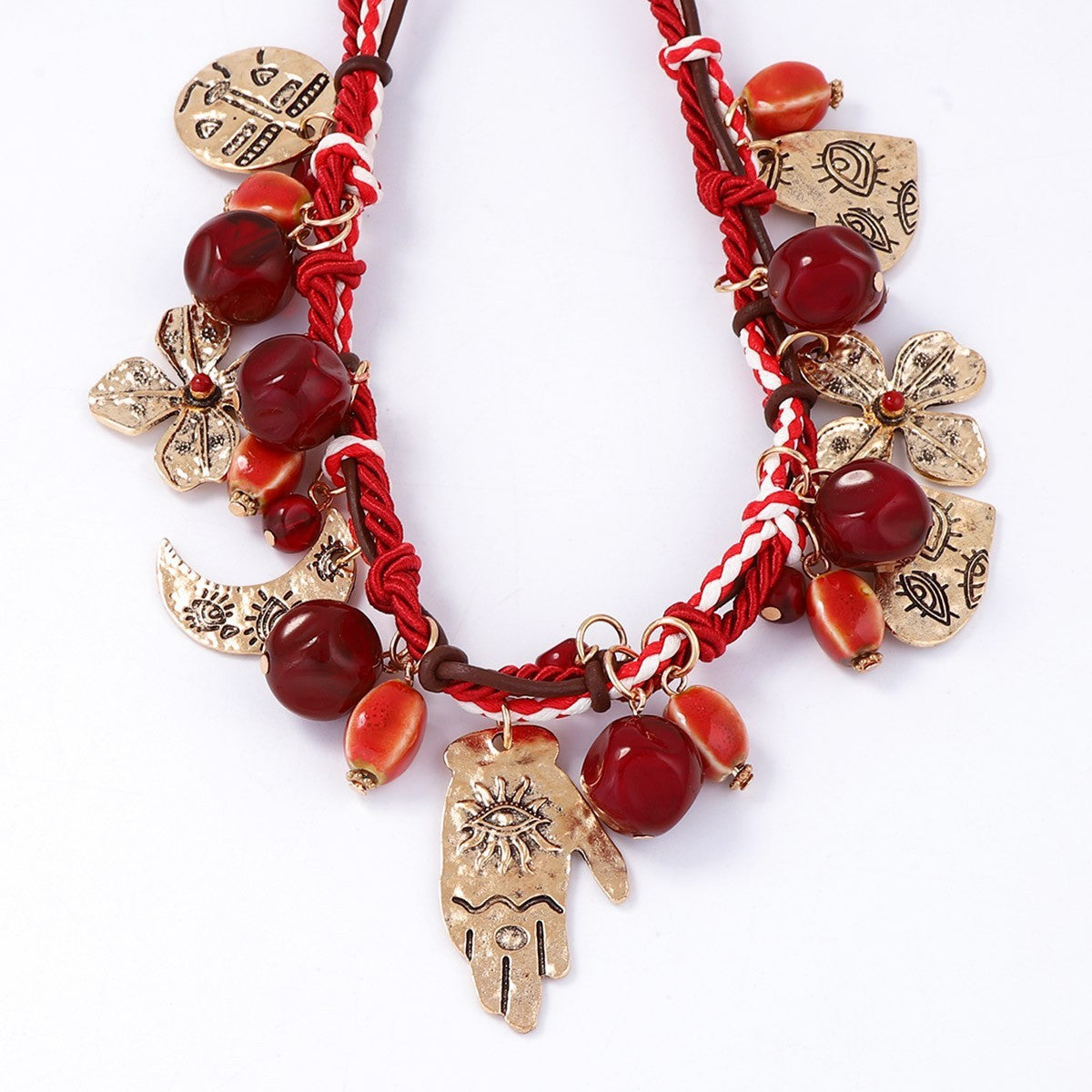 Bohemian Handcrafted Colorful Triple-Strand Red String Necklace with Alloy Charms - Versatile Casual Jewelry for Every Occasion