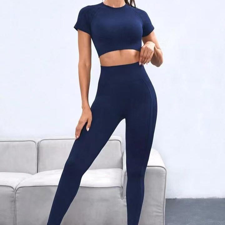 Seamless Outdoor Sports Short Sleeve High Waisted Butt Lifting Leggings and Fitness Set for Women for Cycling Running and Yoga