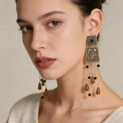 Elegant Retro Bohemian-Style Long Tassel Pendant Earrings with Geometric Floral Alloy Elements – Perfect for Any Occasion