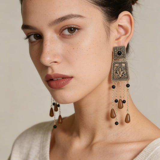 Elegant Retro Bohemian-Style Long Tassel Pendant Earrings with Geometric Floral Alloy Elements – Perfect for Any Occasion