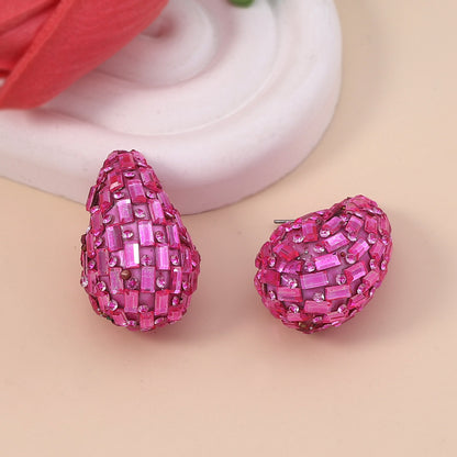 Trendy Droplet Gradient Colored Glass Ear Studs with Full Sparkling Crystals - Chic, Versatile, and Elegant Jewelry for Every Occasion