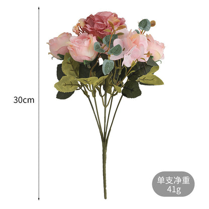 Realistic European Style Mini Bouquet of Artificial Roses - Elegant 6-Head Hydrangea and Hibiscus Floral Arrangement for Home Décor, Living Room Styling, and Gift Giving