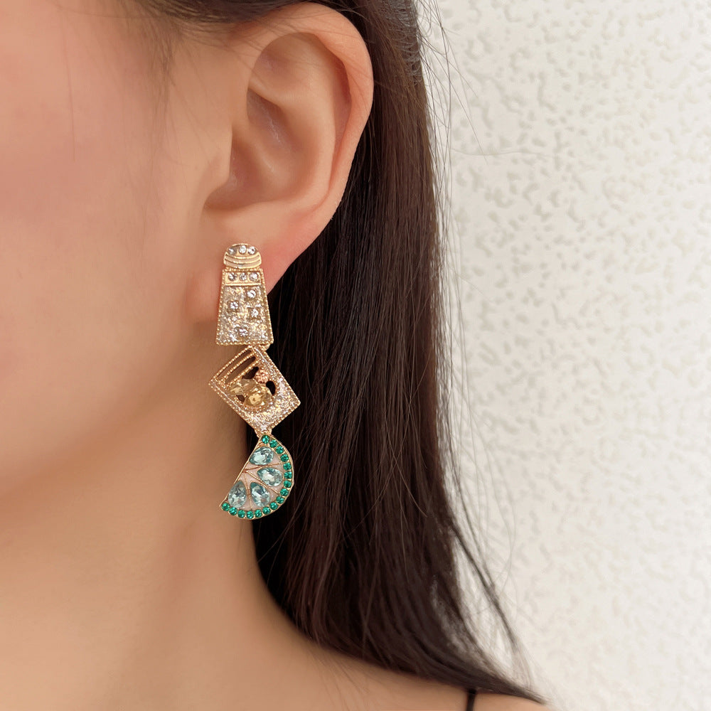 Geometric Diamond-Studded Earrings - Creative Multi-Layered Design with Elegant Dripping Oil Fruit Cup Style - Versatile and Chic Dangle Earrings for Any Occasion
