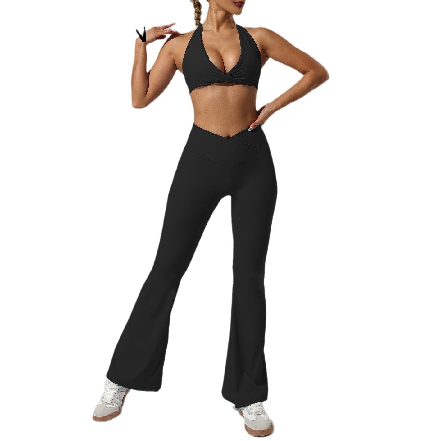 Women's Yoga Outfit Set Halter Neck Sports Bra and Flared Pants for Gym Quick Dry Two Piece Ensemble for Comfort and Performance