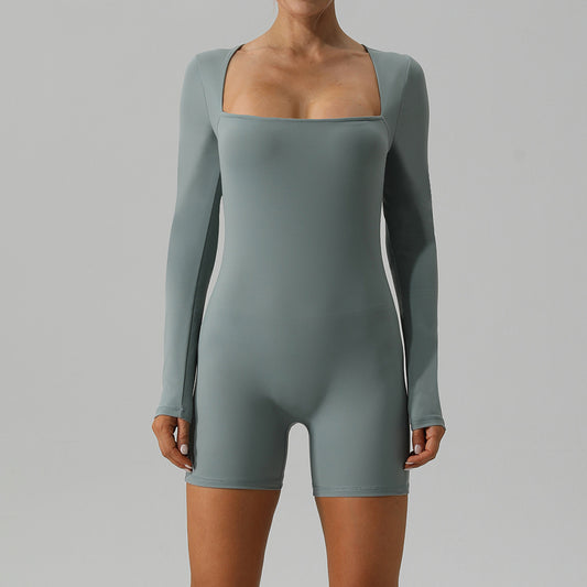 Comfortable Long Sleeve Bodysuit for Yoga and Ballet Form Fitting Athletic Jumpsuit with Shorts for Flexibility and Motion