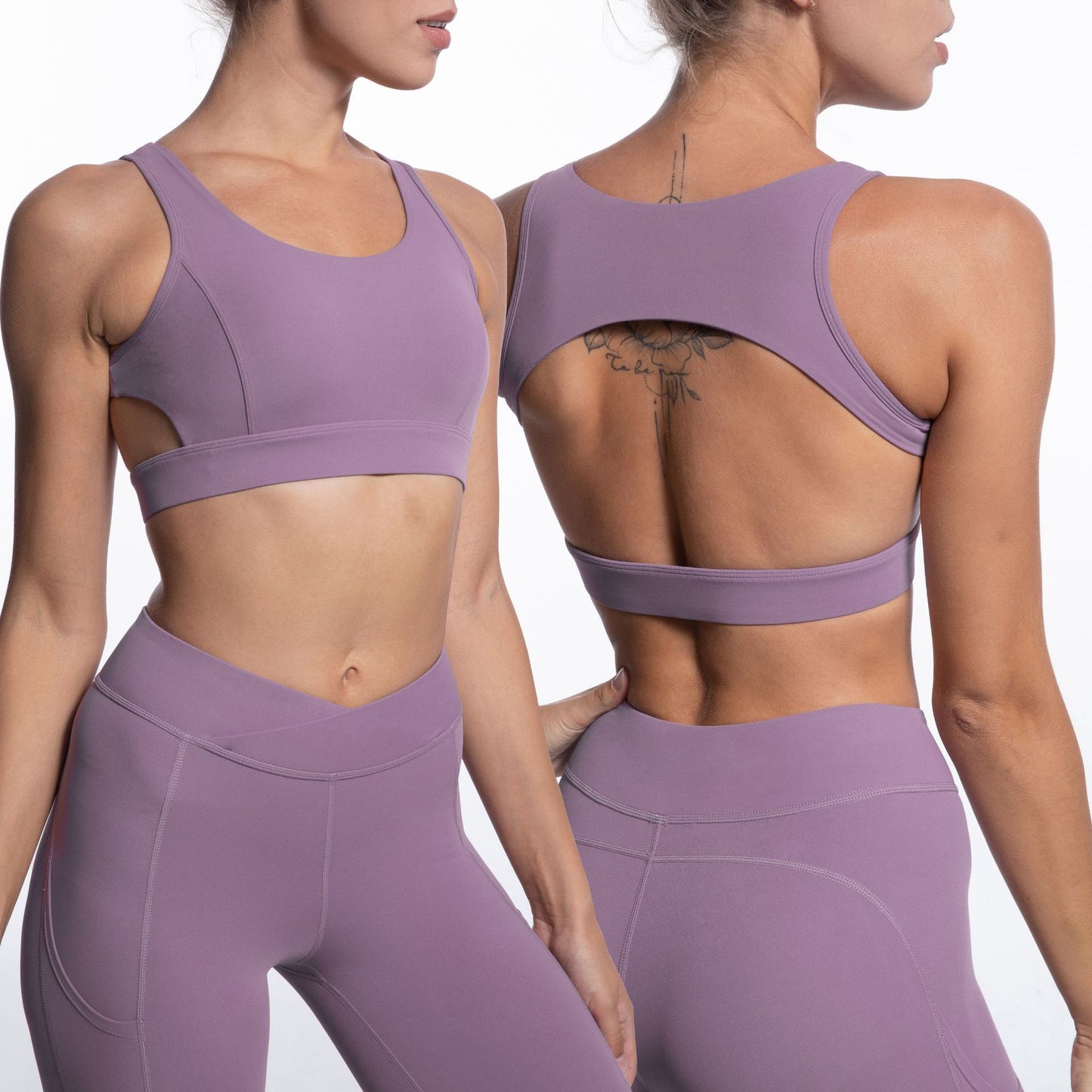 Backless Sports Bra and Cross Waist Double Pocket Leggings Yoga Set for Comfort and Performance