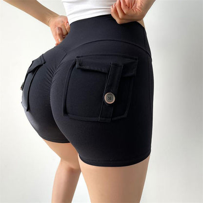 High Waisted Peach Butt Lift Cargo Shorts for Women Elastic Button Closure Yoga Pants for Quick Dry Comfort in Running and Fitness Activities