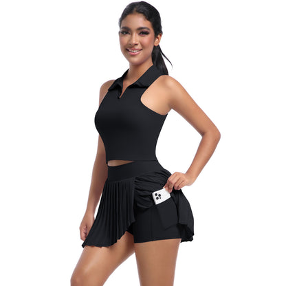 Breezy Solid Color Polo Style Vest with Pleated Mini Skirt Set for Running Fitness and Yoga Workouts