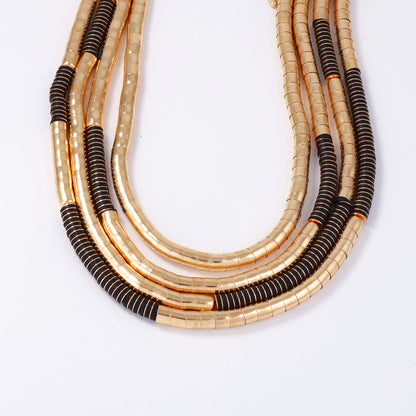 Chic Casual Punk-Inspired Multi-Layered Metal and Wood Beaded Necklace for Women - Elegant, High-End Fashion Statement